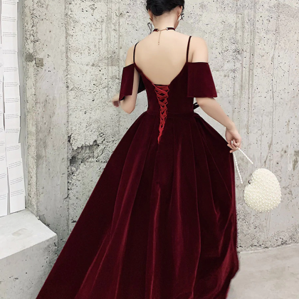 Designer Burgundy Off-the-shoulder Velvet Long Prom Dresses Evening Gowns With Slit main image 1