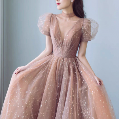 Simple Champagne V Neck Tulle Long Prom Dress,..