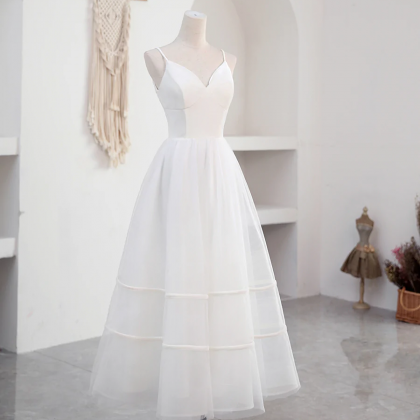 Simple V Neck Tulle Tea Length White Prom Dress,..