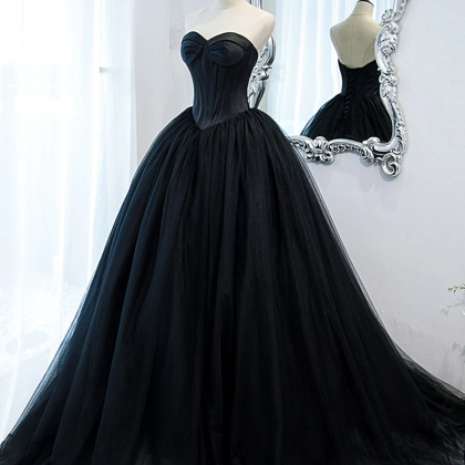 Simple Black Sweetheart Neck Tulle Long Prom Dress, Black Evening ...