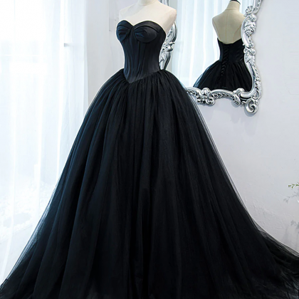 Black Sweetheart Neck Long Prom Dress, Backless Tulle Black Party Dress