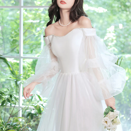Simple White Tulle Long Prom Dress, White Formal..