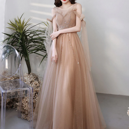 A Line Tulle Beads Champagne Long Prom Dress,..