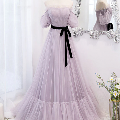 Purple Tulle A Line Long Prom Dress, Purple..
