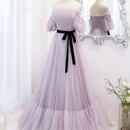Purple Tulle A Line Long Prom Dress, Purple..