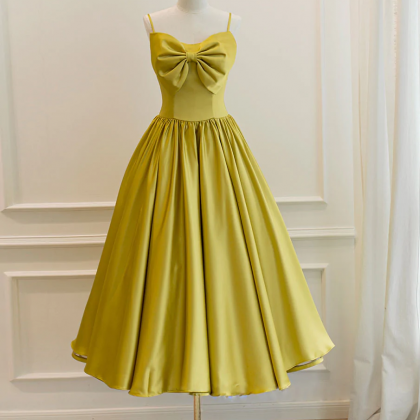 Simple Yellow Satin Tea Length Prom Dress, Yellow..