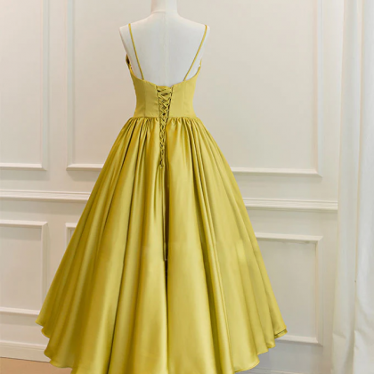 Simple Yellow Satin Tea Length Prom Dress, Yellow..