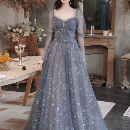 Gray Blue Tulle Lace Long Prom Dress, Gray Tulle..