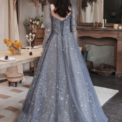 Gray Blue Tulle Lace Long Prom Dress, Gray Tulle..