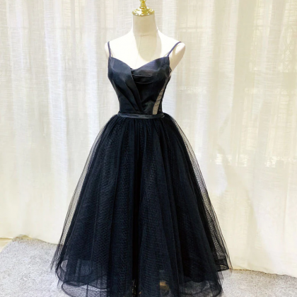 Simple Tulle Tea Length Black Prom Dress, Black..