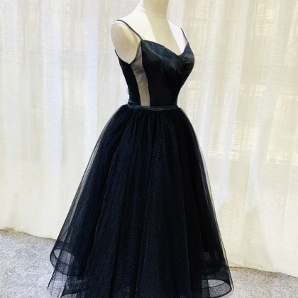 Simple Tulle Tea Length Black Prom Dress, Black..