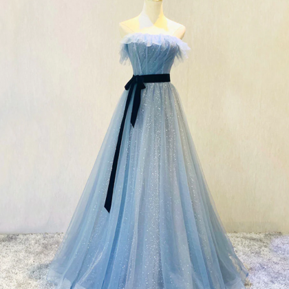Blue Tulle Sequin Long Prom Dress, Blue Tulle..
