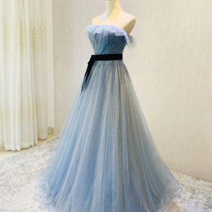 Blue Tulle Sequin Long Prom Dress, Blue Tulle..