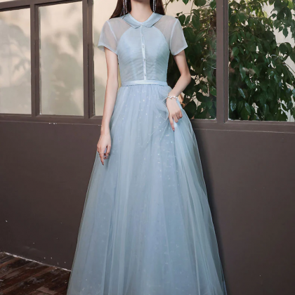 Blue A-line Tulle Long Prom Dress, Tulle Evening..