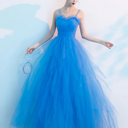 Blue Sweetheart Neck Tulle Long Prom Dress, Blue..