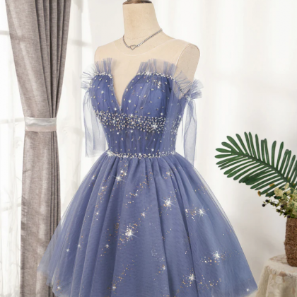 Blue Tulle Sequin Short Prom Dress, Puffy Blue..
