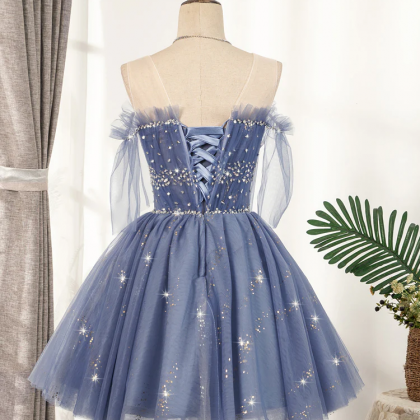 Blue Tulle Sequin Short Prom Dress, Puffy Blue..