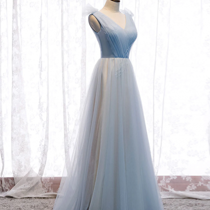 Simple Blue V Neck Tulle Long Prom Dress, Blue..