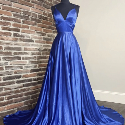 Simple V Neck Blue Satin Long Prom Dress Blue..