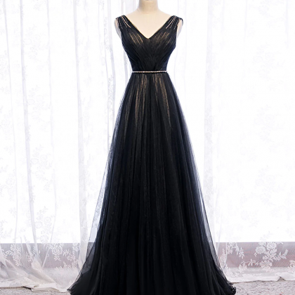 Black V Neck Tulle Lace Long Prom Dress Black..