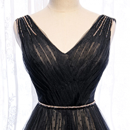 Black V Neck Tulle Lace Long Prom Dress Black..