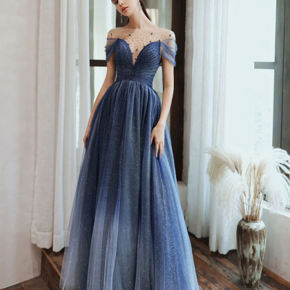 Blue Tulle Off Shoulder Sequin Long Prom Dress..