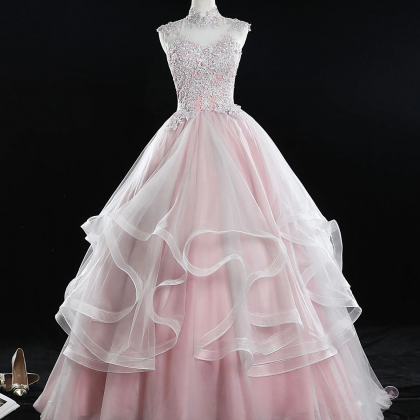 Pink High Neck Tulle Lace Long Sweet 16 Dress..