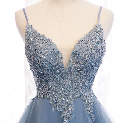 Blue Sweetheart Tulle Lace High Low Prom Dress,..