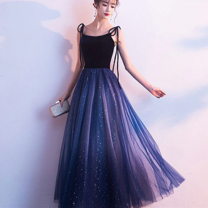 Simple Blue Tulle Long Prom Dress, Shiny Blue..