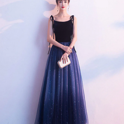 Simple Blue Tulle Long Prom Dress, Shiny Blue..