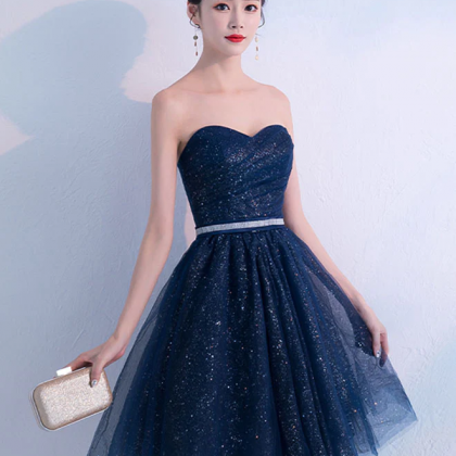 Dark Blue Sweetheart Tulle Short Prom Dress, Blue..