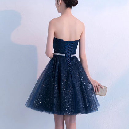 Dark Blue Sweetheart Tulle Short Prom Dress, Blue..