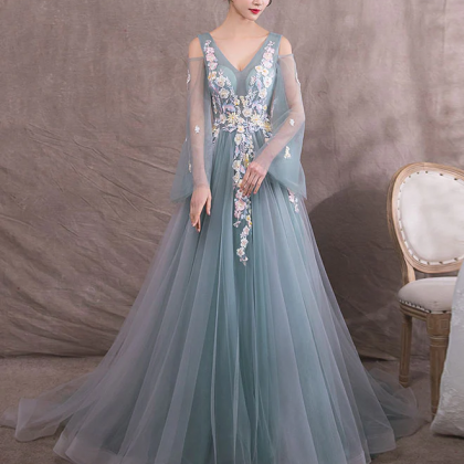 Green V Neck Tulle Lace Long Prom Dress, Gray..