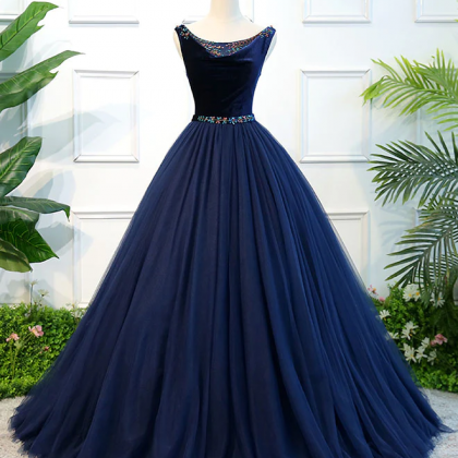 Dark Blue Tulle Long Prom Dress, Dark Blue Tulle..
