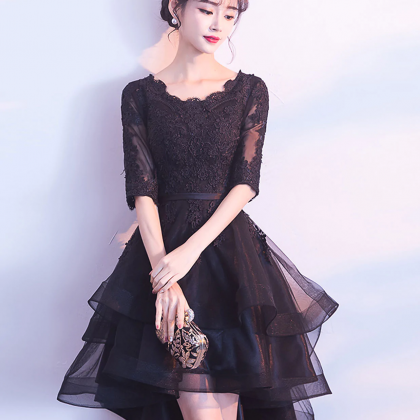 Cute Black Tulle Lace Short Prom Dress, Black..