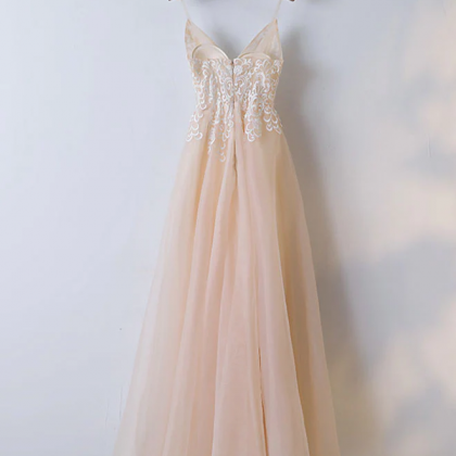 Champagne V Neck Tulle Long Prom Dress, Lace..