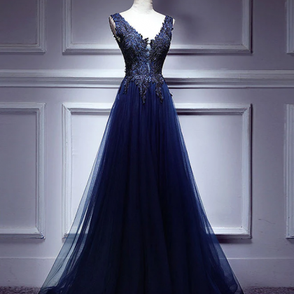 Dark Blue Lace V Neck Long Prom Dress, Lace..