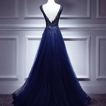 Dark Blue Lace V Neck Long Prom Dress, Lace..