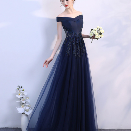 Dark Blue Off Shoulder Long Prom Dress, Blue..