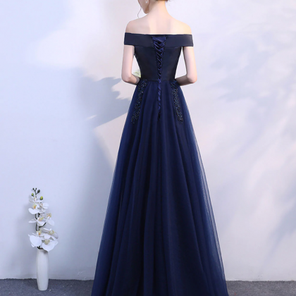 Dark Blue Off Shoulder Long Prom Dress, Blue..