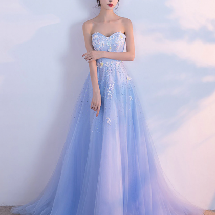 Light Blue Sweetheart Neck Long Prom Dress, Lace..