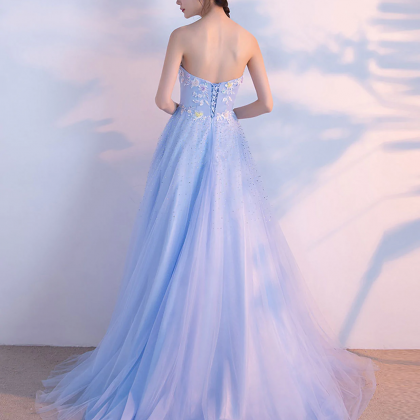 Light Blue Sweetheart Neck Long Prom Dress, Lace..