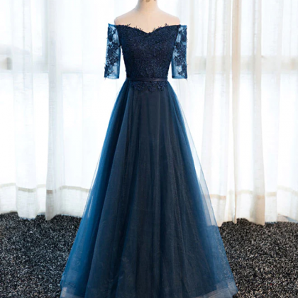 Dark Blue Lace Tulle Long Prom Dress, Lace Evening..