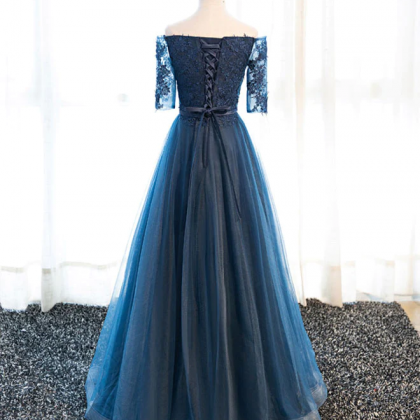 Dark Blue Lace Tulle Long Prom Dress, Lace Evening..