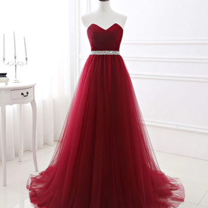 Burgundy Sweet Neck Tulle Long Prom Gown, Burgundy..