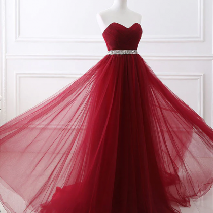 Burgundy Sweet Neck Tulle Long Prom Gown, Burgundy..