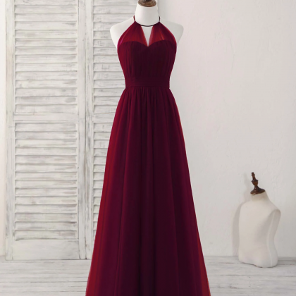 Simple Burgundy Tulle Long Prom Dress, Burgundy..