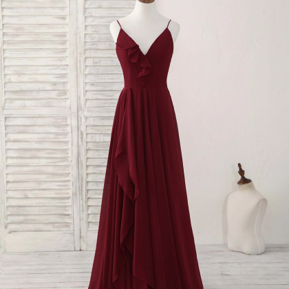 Simple Burgundy V Neck Chiffon Long Prom Dress,..