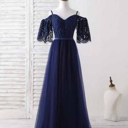 Dark Blue A-line Lace Tulle Long Prom Dress Blue..