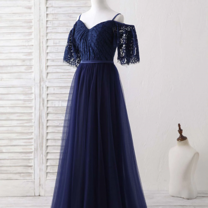 Dark Blue A-line Lace Tulle Long Prom Dress Blue..